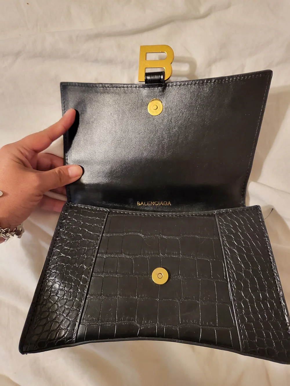 Balenciaga Hourglass Small Top Handle Bag in Black Croc Embossed